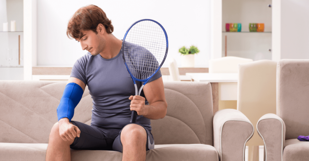 Tennis player with elbow in sling