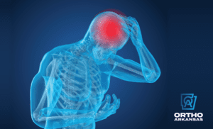 Medical x-ray diagram with head highlighted in red to indicate a concussion