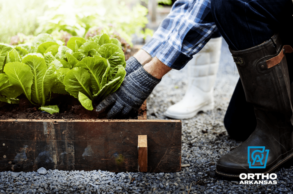 Closeup of gardener working outside in raised garden bed