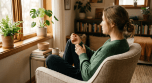 A woman sitting in a cozy, sunlit living room, viewed from the side with her face out of focus. She is gently holding her wrist, conveying mild reflection or discomfort in a calm, warm atmosphere.