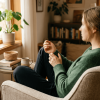 A woman sitting in a cozy, sunlit living room, viewed from the side with her face out of focus. She is gently holding her wrist, conveying mild reflection or discomfort in a calm, warm atmosphere.